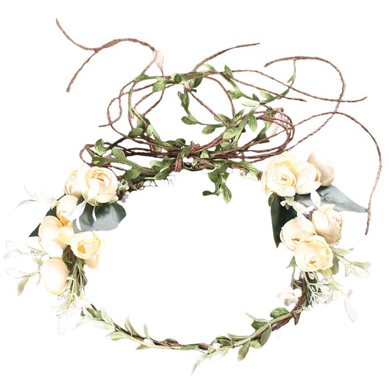 Rose Flower Headband Floral Leaf Crown Hair Bands Leaves Berry Vine Wreath Women Wedding Bridal Hair Hoop Boho Hairband Headpiece Party Decoration Cosplay Costume Cute Handmade Hair Accessories Beige