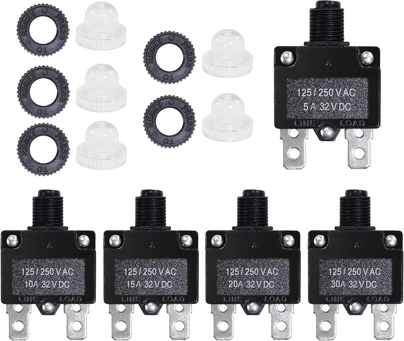 Fuzbaxy 5PCS 5,10,15,20,30Amp Circuit Breakers with Manual Reset 32VDC,AC125-250V with Quick Connect Terminals - Image 1