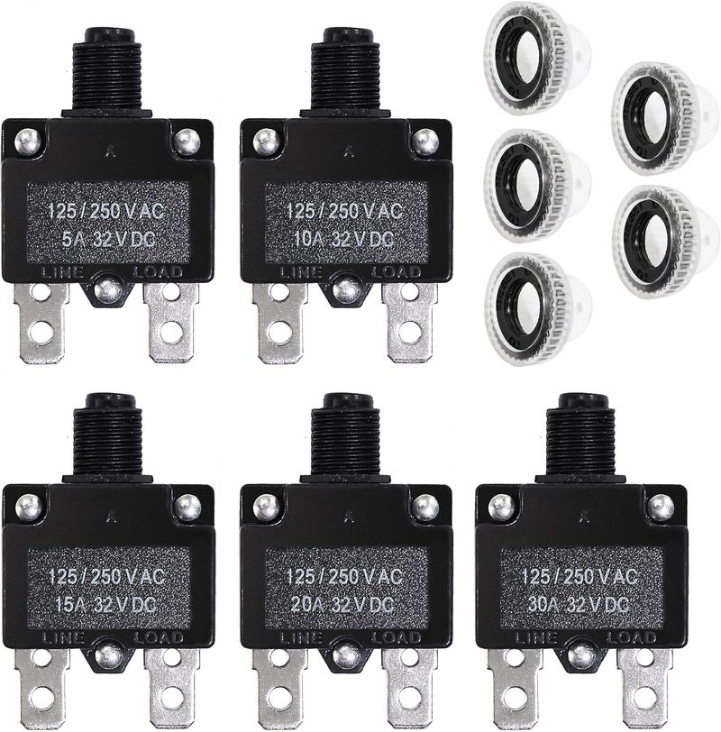 Fuzbaxy 5PCS 5,10,15,20,30Amp Circuit Breakers with Manual Reset 32VDC,AC125-250V with Quick Connect Terminals - Image 2