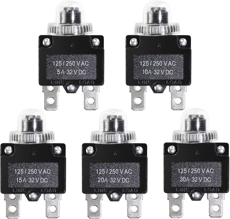 Fuzbaxy 5PCS 5,10,15,20,30Amp Circuit Breakers with Manual Reset 32VDC,AC125-250V with Quick Connect Terminals - Image 3