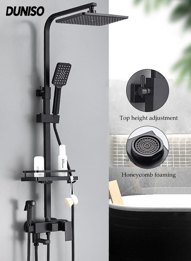 DUNISO Pressurization Shower System Wall Mount Shower Mixer Set 4 in 1 Shower Head Set with Storage Shelf Multi-functional Shower Faucet Combo Height-adjustable Top Spray Shower 3-Function Handheld Shower Waterfall Bath Shower System Mixer Set - Image 1