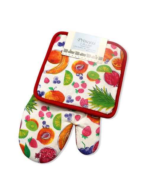 2-Piece Reversible Printed Design Gloves/Oven Mitt And Pot Holder Set Red