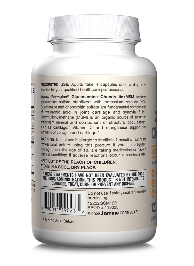 jarrow formulas Glucosamine + Chondroitin + MSM Capsules, Joint Support Supplement with Vitamin C and Manganese, 120 Capsules, 30 Day Supply  - Image 4