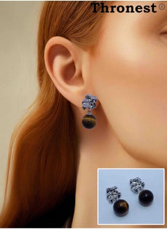 Thronest 925 Sterling Silver Dangle Earrings with Tiger's Eye Gemstone ，Luxury Protective Pendant Earrings for Daily Wear，wedding，party， Eid Gifts  - Image 1