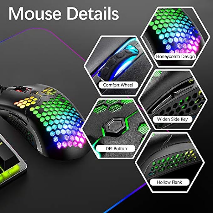 rayihni RGB WIRED LIGHTWEIGHT GAMING MOUSE, 65G WITH LIGHTWEIGHT HONEYCOMB SHELL ULTRALIGHT ULTRAWEAVE CABLE, 26 RGB BACKLIT EFFECT, PROGRAMMABLE DRIVE 7 BUTTONS OPTICAL MOUSE FOR PAW3325 12000DPI SENSOR - Image 2