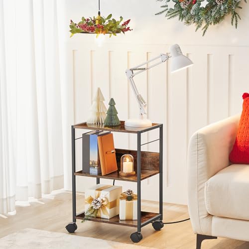 MAHANCRIS Industrial Printer Cart, 3-Tier Mobile Printer Stand, Rolling Cart with Power Outlets and USB Ports, Home Printer Stand with 2 Hooks, for Office, Living Room, Rustic Brown PTHR40E01Z - Image 4