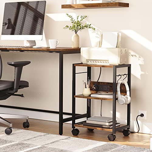 MAHANCRIS Industrial Printer Cart, 3-Tier Mobile Printer Stand, Rolling Cart with Power Outlets and USB Ports, Home Printer Stand with 2 Hooks, for Office, Living Room, Rustic Brown PTHR40E01Z - Image 2