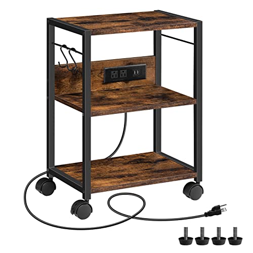 MAHANCRIS Industrial Printer Cart, 3-Tier Mobile Printer Stand, Rolling Cart with Power Outlets and USB Ports, Home Printer Stand with 2 Hooks, for Office, Living Room, Rustic Brown PTHR40E01Z - Image 1
