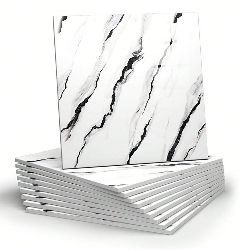 Chejiaye 10pcs Marble Peel and Stick Backsplash Waterproof Washroom Wall Panels Peel and Stick Tile PVC Foam Wall Panels for KitchenBathroomliving roomWhite and BlackNot Real Tile118 x 118 - Image 2