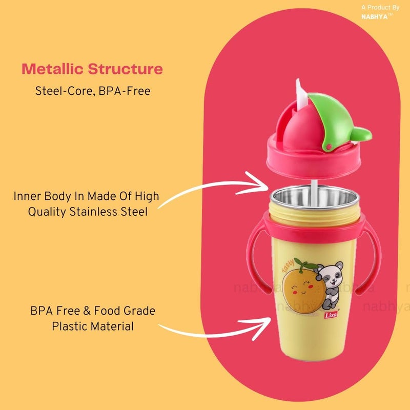 Nabhya Hot & Cold Insulated Stainless Steel 360ml BPA-Free Cute Animal Design Baby Sipper Kids Water Bottle with Straw and Side Handle for Kids (Pink & Yellow - 2pc) - Image 4