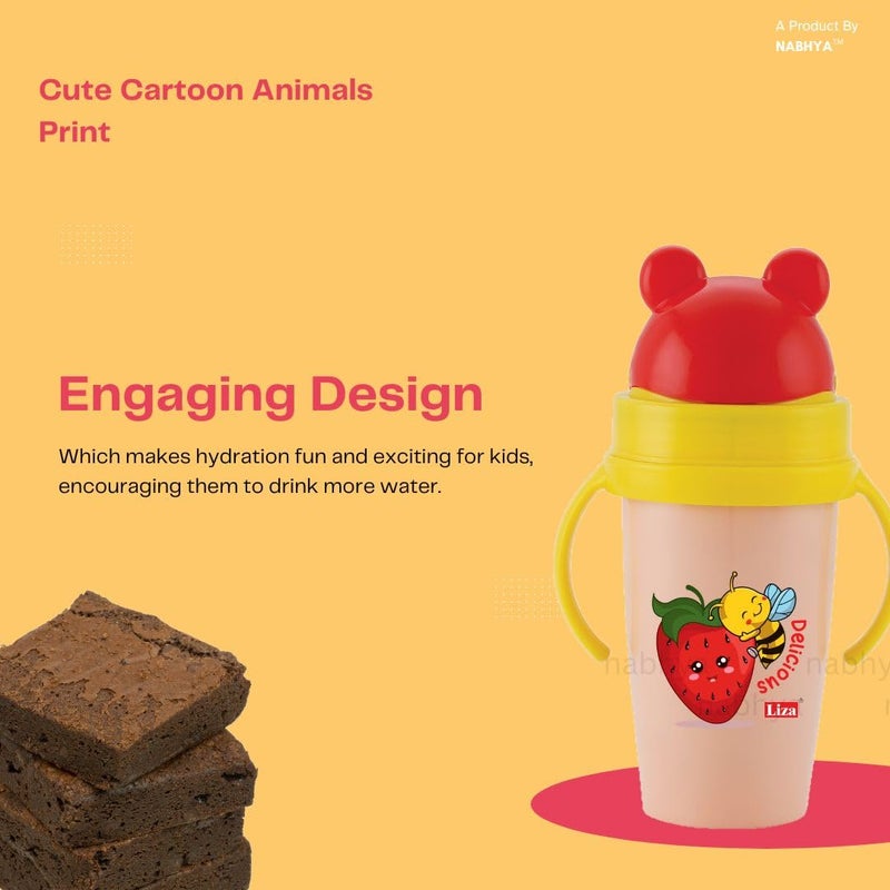 Nabhya Hot & Cold Insulated Stainless Steel 360ml BPA-Free Cute Animal Design Baby Sipper Kids Water Bottle with Straw and Side Handle for Kids (Pink & Yellow - 2pc) - Image 5