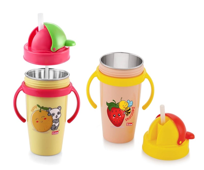 Nabhya Hot & Cold Insulated Stainless Steel 360ml BPA-Free Cute Animal Design Baby Sipper Kids Water Bottle with Straw and Side Handle for Kids (Pink & Yellow - 2pc) - Image 1