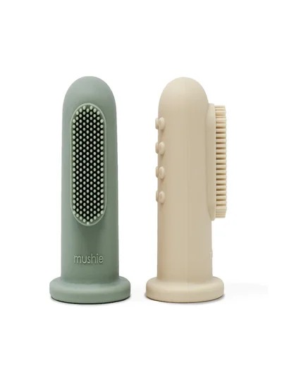 mushie 2-Piece Silicone Finger Toothbrush - Cambridge Blue/Shifting Sand