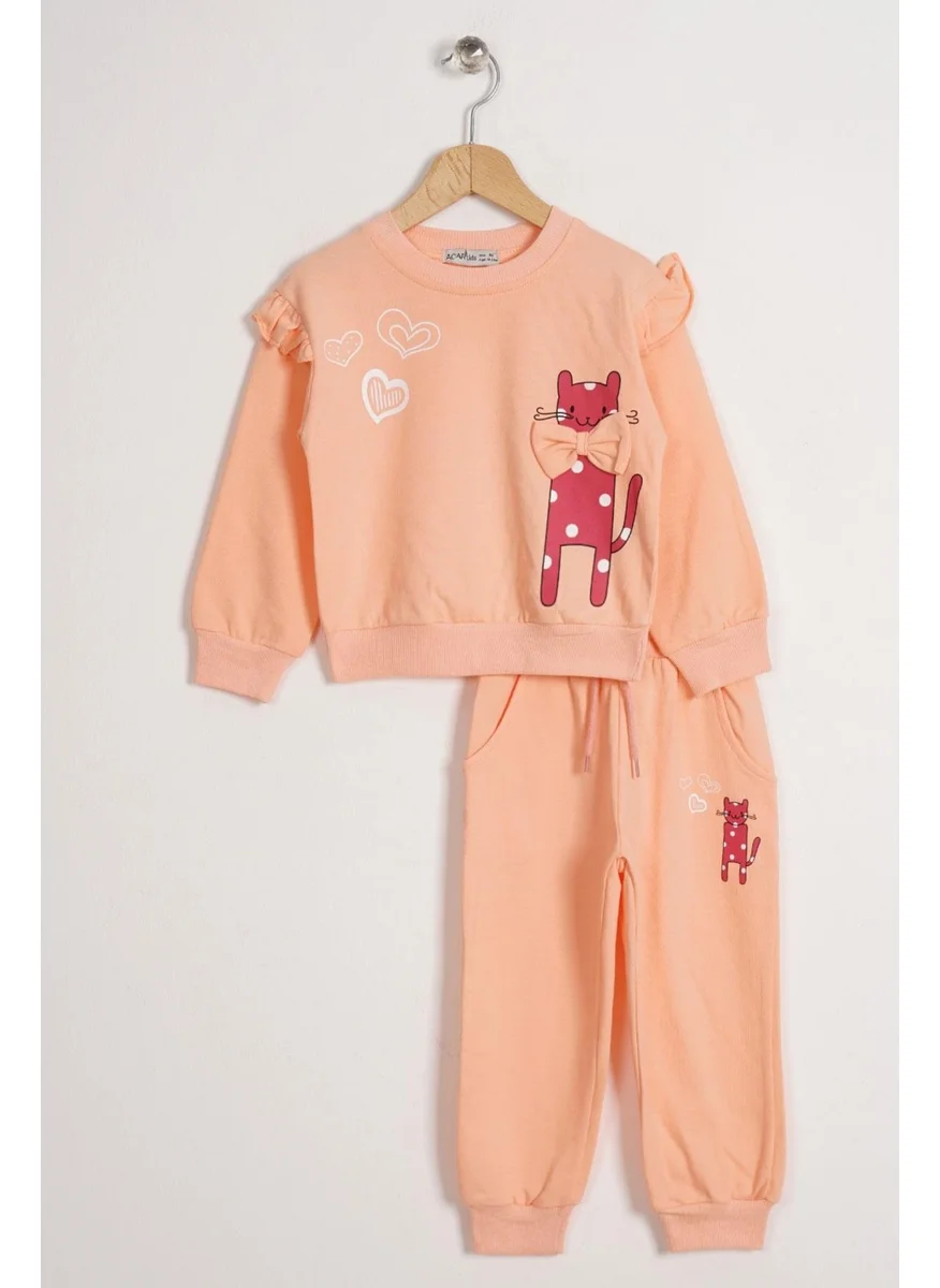 Zepkids Girl Salmon Colored Ribboned Cat Printed Two Piece Set