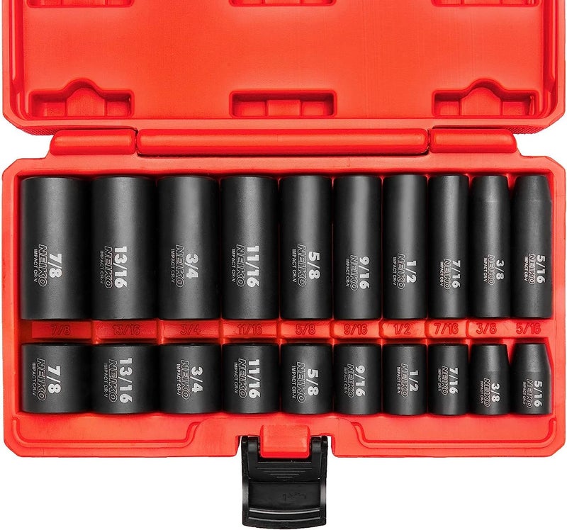 Neiko NEIKO 02434A 3/8-Inch-Drive Standard and Deep Impact Socket Set, 6-Point SAE Sizes from 5/16" to 7/8", CrV Steel, 20 Pieces  - Image 1