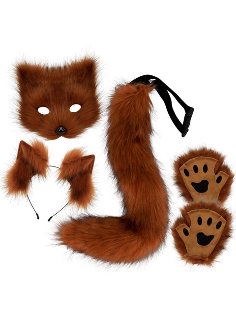Plush Fox Mask Set with Realistic Paws and Tail for Halloween Cosplay Red brown