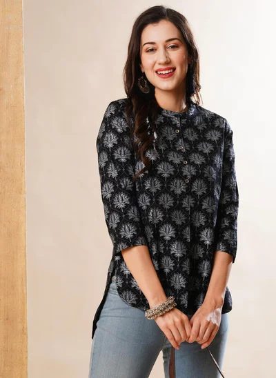 globus Globus Women Printed Mandarin Collar Cotton Tunic
