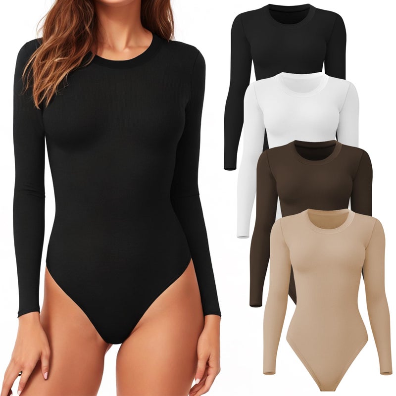 CE CERDR 4 Pack Long Sleeve Bodysuit for Women Round Neck Casual Stretchy Basic Shirts Crew Neck Body Suits Tops