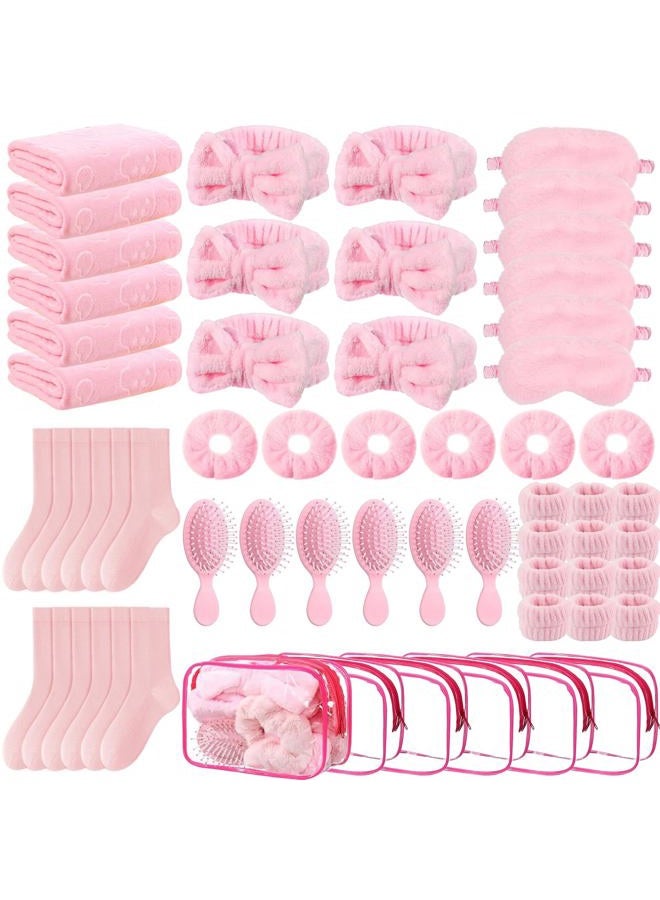 Draupnir 48pcs Spa Sleepover Party Supplies for Girls, 6 Pink Spa Headband 12 Wristband 6 Scrunchies 6 Cosmetic Bags 6 Combs 6 Face Wash Cloths 6 Socks for Slumber Favors Birthday Party - Image 1