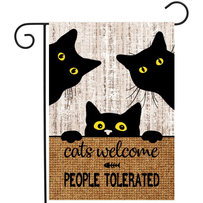 DZGlobal Black Cat Garden Flag Cats Welcome People Tolerated Sign Flag Halloween Banners for Outside 12 X 18 Double Sided Cat Lovers Gifts for Women - Image 1