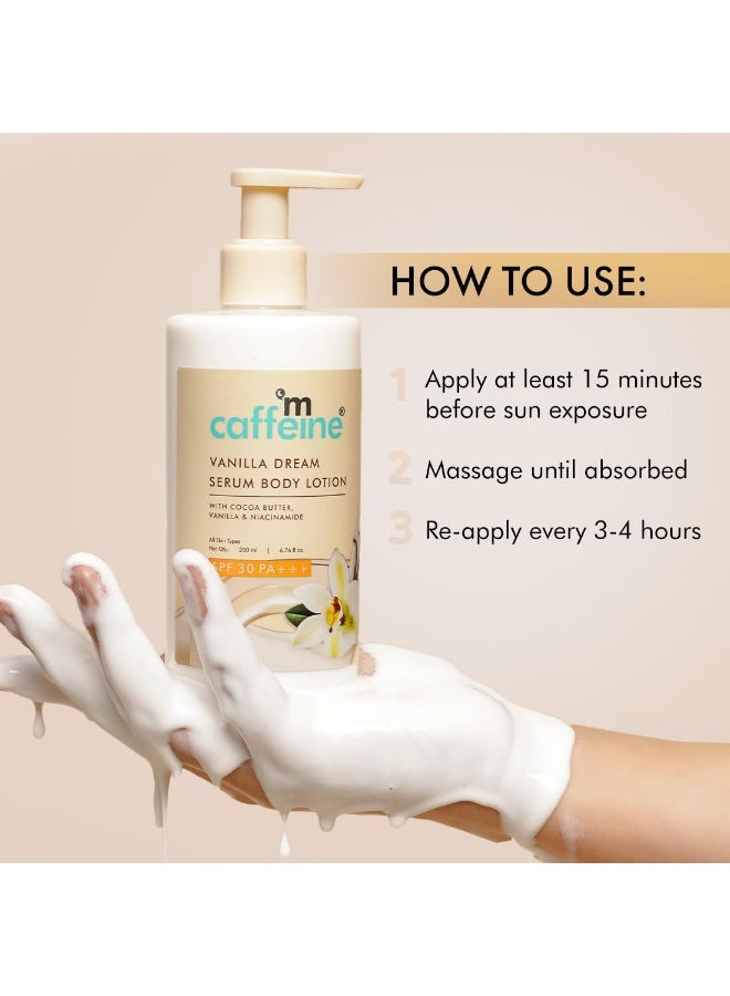 إم كافيين لوشن الجسم ماكافيين فانيلا دريم سيروم بعامل حماية من الشمس 30 Pa+++ للنساء والرجال | حماية من الأشعة فوق البنفسجية الطويلة والمتوسطة، بدون آثار بيضاء | لوشن للجسم واقٍ من الشمس مع النياسيناميد وزبدة الكاكاو | 200 مل - Image 5