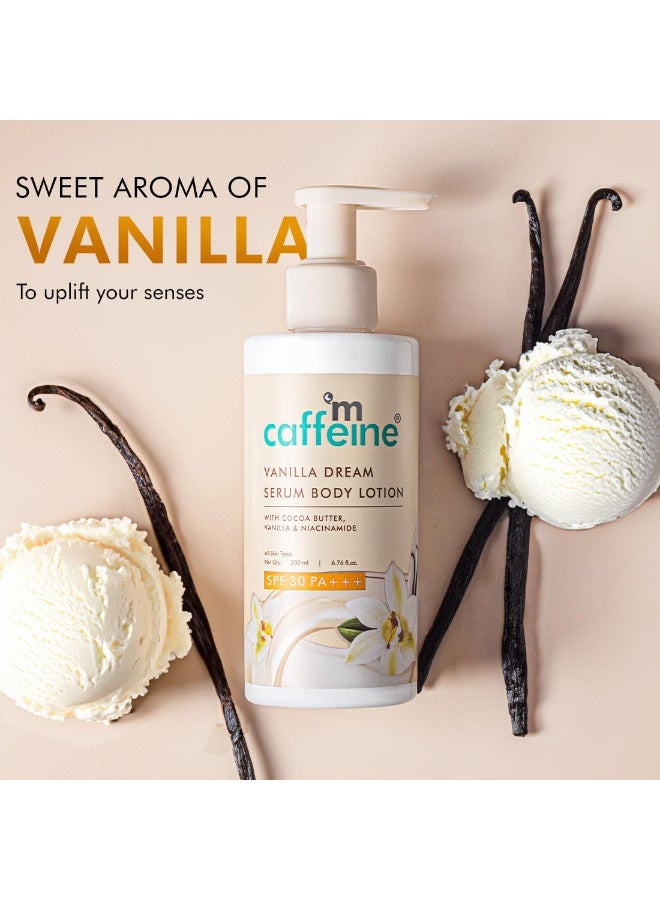 إم كافيين لوشن الجسم ماكافيين فانيلا دريم سيروم بعامل حماية من الشمس 30 Pa+++ للنساء والرجال | حماية من الأشعة فوق البنفسجية الطويلة والمتوسطة، بدون آثار بيضاء | لوشن للجسم واقٍ من الشمس مع النياسيناميد وزبدة الكاكاو | 200 مل - Image 3