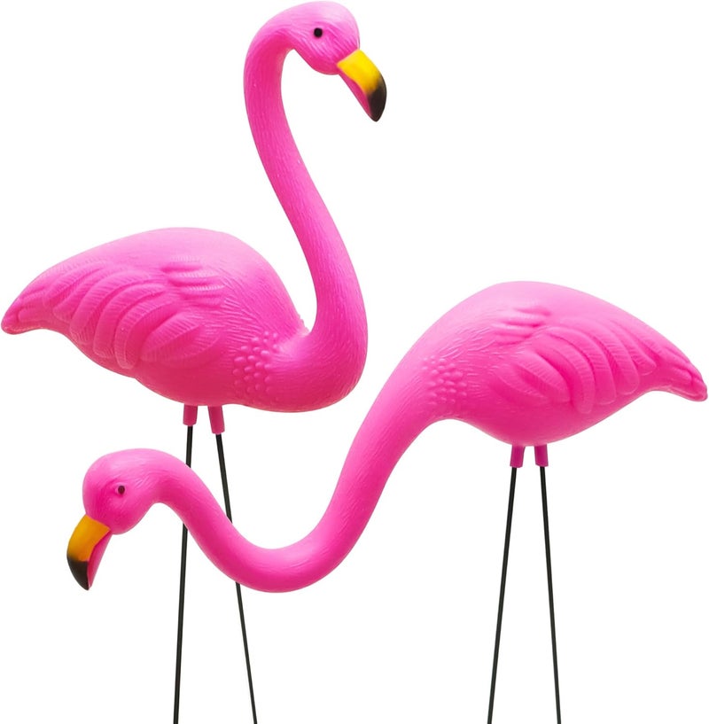 JOYIN Set of 2 Small Pink Flamingo Yard Ornament Stakes Mini Lawn Plastic Flamingo Statue with Metal Legs for Sidewalks, Outdoor Garden Decoration, Luau Party, Beach, Tropical Party Decor, 2 Styles - Image 1
