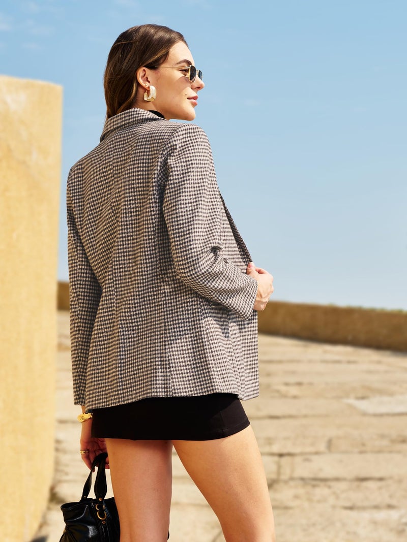 ELLEVEN Tweed Blazers for Women Business Casual Outfits Oversized Plaid Houndstooth Blazers Fall Long Jacket Work Casual Suit Old Money Office Professional Interview Clothes Brown Houndstooth Medium - Image 3