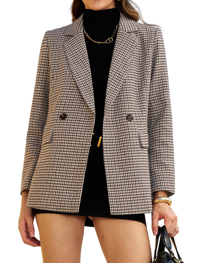 ELLEVEN Tweed Blazers for Women Business Casual Outfits Oversized Plaid Houndstooth Blazers Fall Long Jacket Work Casual Suit Old Money Office Professional Interview Clothes Brown Houndstooth Medium - Image 1