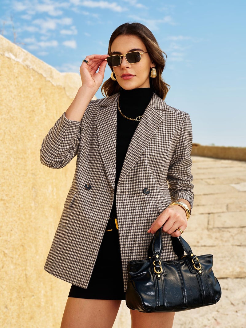 ELLEVEN Tweed Blazers for Women Business Casual Outfits Oversized Plaid Houndstooth Blazers Fall Long Jacket Work Casual Suit Old Money Office Professional Interview Clothes Brown Houndstooth Medium - Image 2