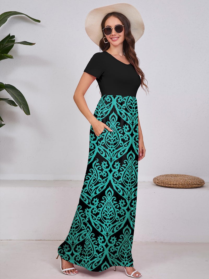 DEARCASE Women Floral Maxi Dress Flower Blue Green Large Round Neck Boho Short Sleeve Sundresses A-line Casual Hawaiian Flowy Party Spring Summer Vacation Beach Long Dresses with Pockets - Image 5