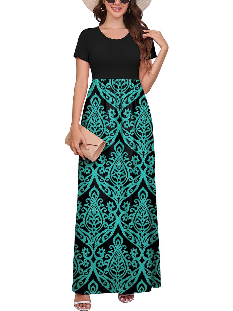 DEARCASE Women Floral Maxi Dress Flower Blue Green Large Round Neck Boho Short Sleeve Sundresses A-line Casual Hawaiian Flowy Party Spring Summer Vacation Beach Long Dresses with Pockets - Image 1