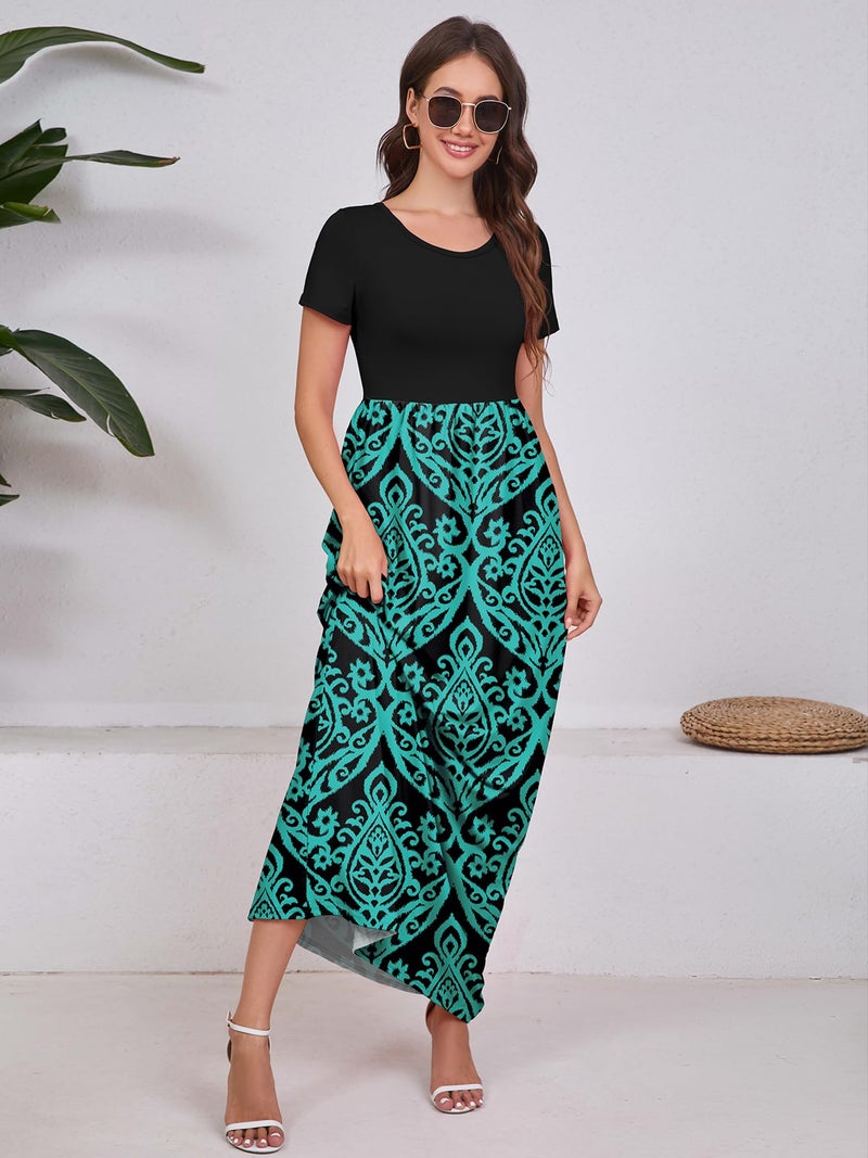 DEARCASE Women Floral Maxi Dress Flower Blue Green Large Round Neck Boho Short Sleeve Sundresses A-line Casual Hawaiian Flowy Party Spring Summer Vacation Beach Long Dresses with Pockets - Image 3