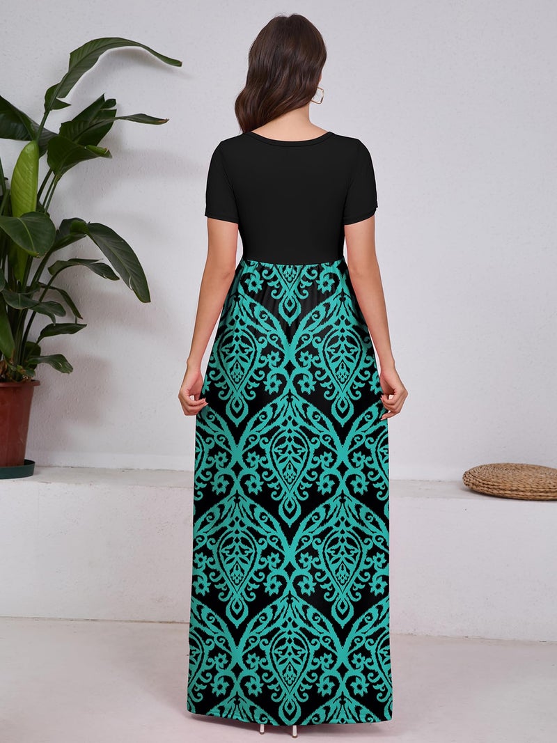 DEARCASE Women Floral Maxi Dress Flower Blue Green Large Round Neck Boho Short Sleeve Sundresses A-line Casual Hawaiian Flowy Party Spring Summer Vacation Beach Long Dresses with Pockets - Image 2
