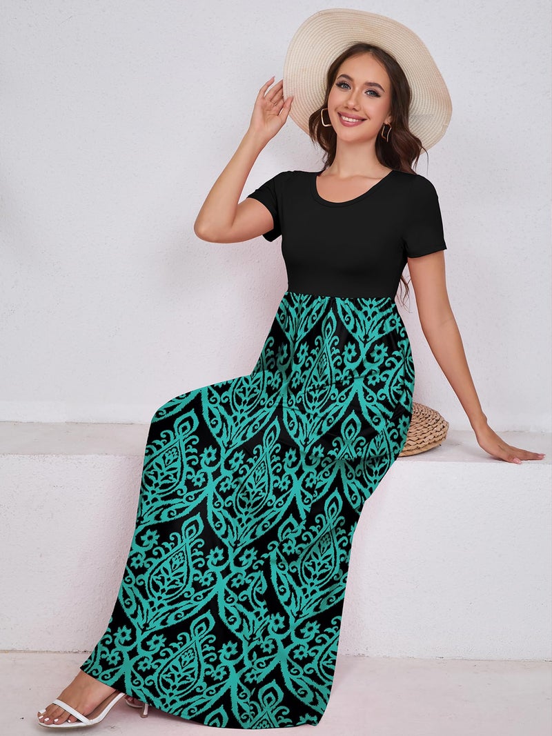 DEARCASE Women Floral Maxi Dress Flower Blue Green Large Round Neck Boho Short Sleeve Sundresses A-line Casual Hawaiian Flowy Party Spring Summer Vacation Beach Long Dresses with Pockets - Image 4