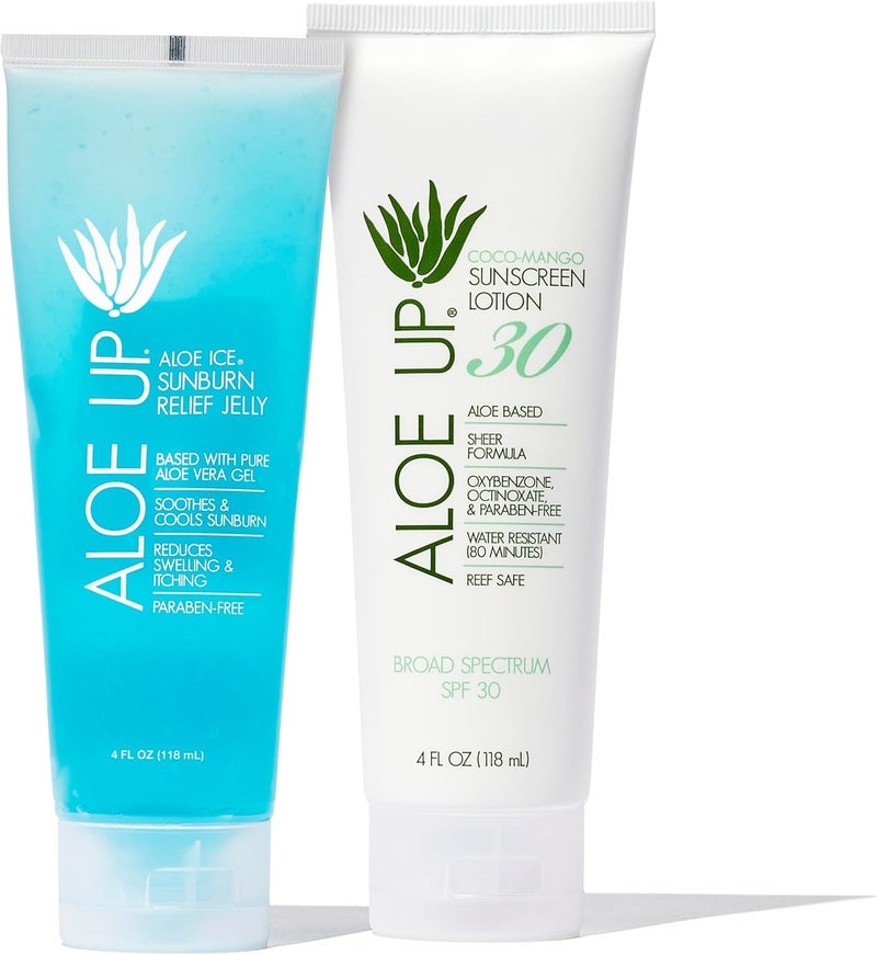 ALOE UP White Collection Sunscreen Lotion SPF 30 and Aloe Ice Sunburn Relief Jelly  Bundle with Face and Body Sunscreen Protector and After Sun Gel  With Pure Aloe Vera  Reef Friendly  2 Items