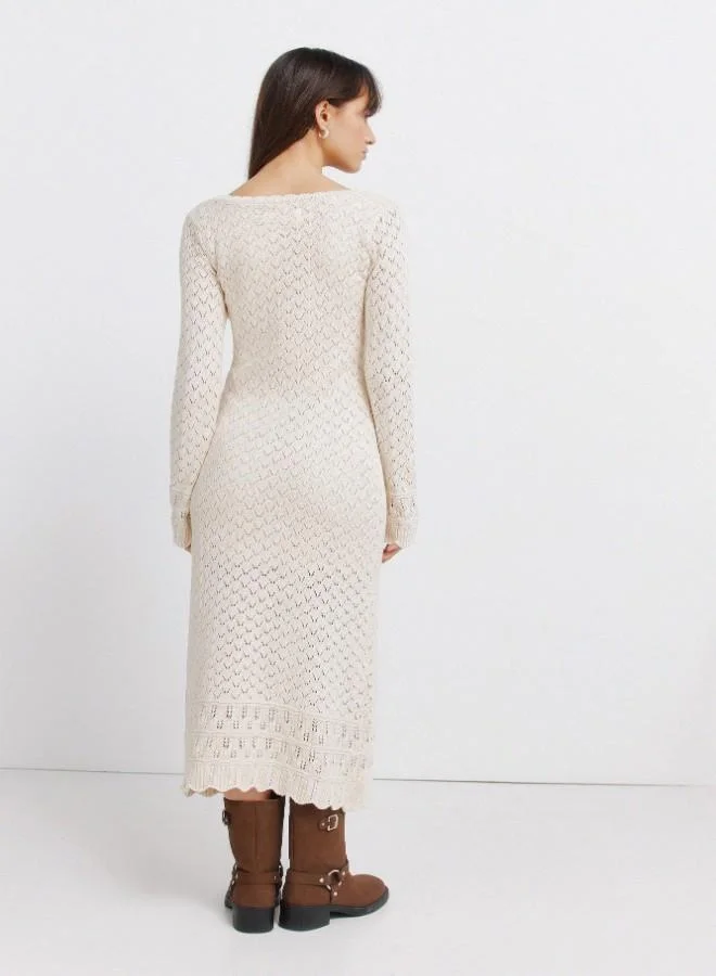 Springfield  Ecru pointelle knit semi-fitted long sleeve round neck straight skirt midi dress for Women | Best Price UAE
