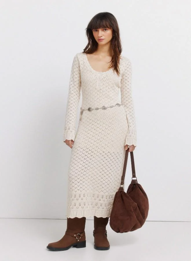 Ecru pointelle knit semi-fitted long sleeve round neck straight skirt midi dress