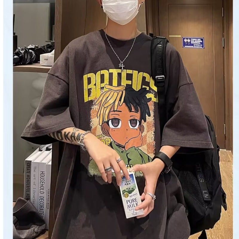 Trendy Cartoon Short-sleeved T-shirt Boys Summer American Retro Popular Brand Loose Hip-hop High Street Large Size Half-sleeved T-shirt - Image 1