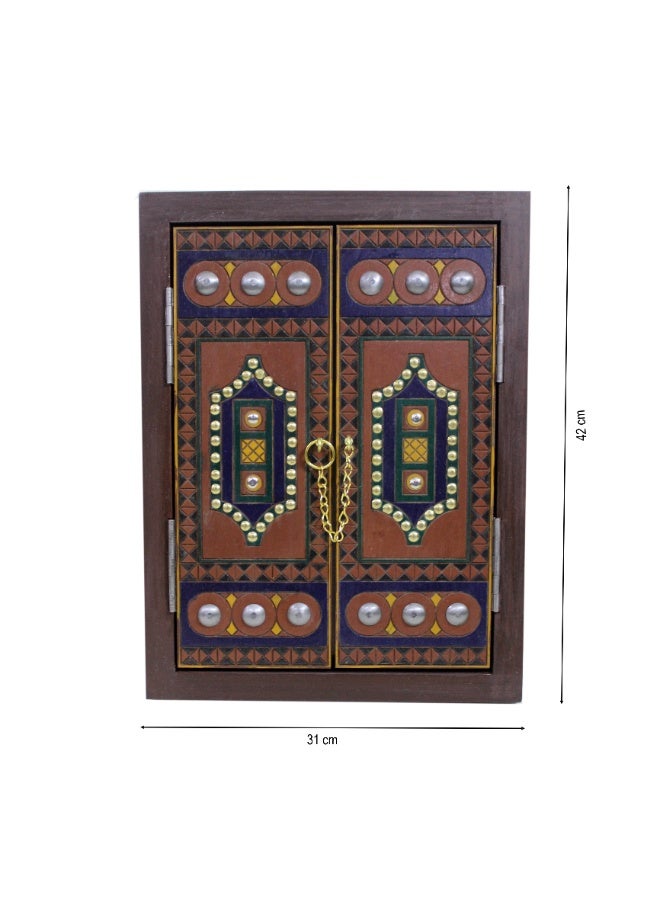 باب مزدوج خشبي بحجم صغير بتصميم عربي جميل مصنوع يدويًا مع عمل نحاسي | طراز عتيق | مرسوم يدويًا - Image 2
