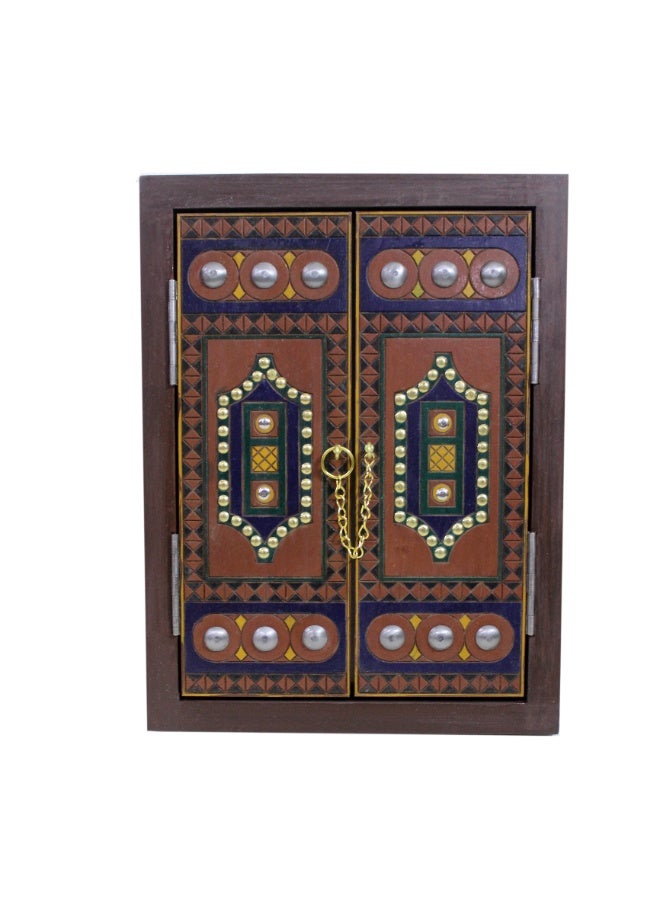 باب مزدوج خشبي بحجم صغير بتصميم عربي جميل مصنوع يدويًا مع عمل نحاسي | طراز عتيق | مرسوم يدويًا - Image 1