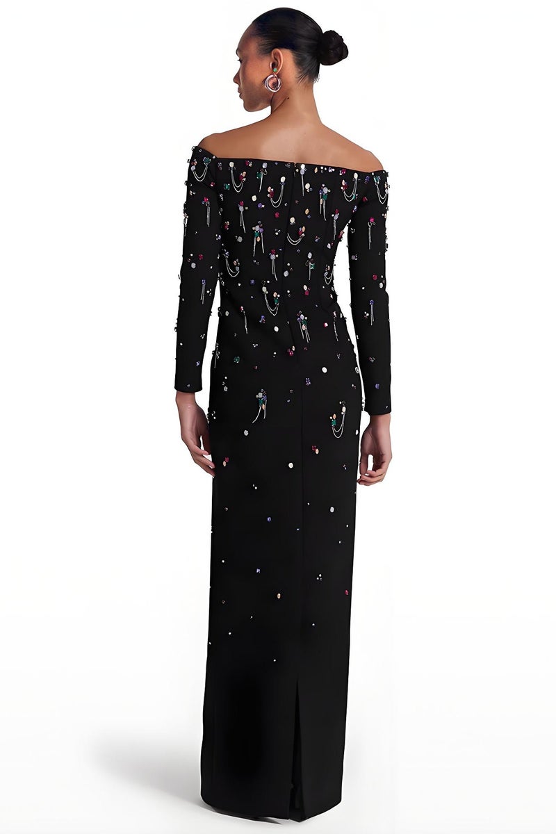 إسكدنيا النساء خارج الكتف فاخرة حبات الراينز ديكور حفلة المساء الزفاف ماكسي فستان فستان أسود - Image 2