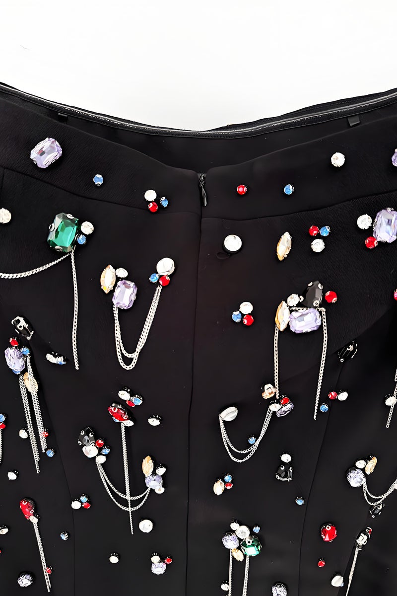 إسكدنيا النساء خارج الكتف فاخرة حبات الراينز ديكور حفلة المساء الزفاف ماكسي فستان فستان أسود - Image 4