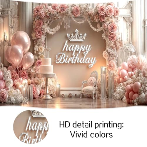 NYMB Pink Happy Birthday Backdrop, Elegant Princess Theme Party Decoration with Rose Gold Balloons & Crown, Photography Background Banner for Girls Women Birthday Party Photo Booth Props, 7ft x 5ft - Image 4