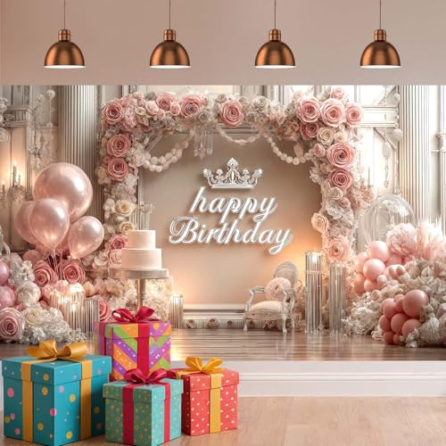 NYMB Pink Happy Birthday Backdrop, Elegant Princess Theme Party Decoration with Rose Gold Balloons & Crown, Photography Background Banner for Girls Women Birthday Party Photo Booth Props, 7ft x 5ft - Image 2