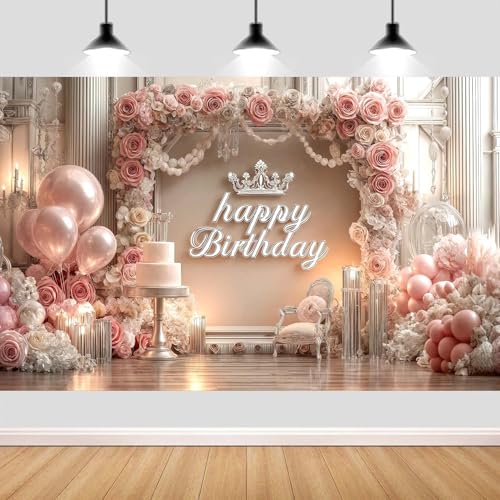 NYMB Pink Happy Birthday Backdrop, Elegant Princess Theme Party Decoration with Rose Gold Balloons & Crown, Photography Background Banner for Girls Women Birthday Party Photo Booth Props, 7ft x 5ft - Image 1