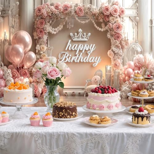 NYMB Pink Happy Birthday Backdrop, Elegant Princess Theme Party Decoration with Rose Gold Balloons & Crown, Photography Background Banner for Girls Women Birthday Party Photo Booth Props, 7ft x 5ft - Image 3