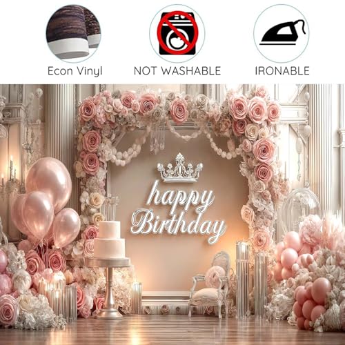 NYMB Pink Happy Birthday Backdrop, Elegant Princess Theme Party Decoration with Rose Gold Balloons & Crown, Photography Background Banner for Girls Women Birthday Party Photo Booth Props, 7ft x 5ft - Image 5