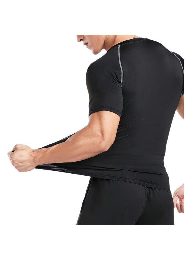 FANDIMU Men'S Sports Short-Sleeve T-Shirt, Fitness Tight-Fitting Quick-Dry Breathable Training Running Shirt, Black With Contrasting Lines, Size L - Image 2