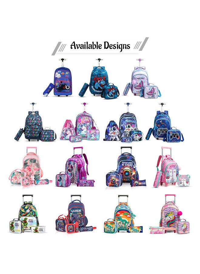 Eazy Kids - مجموعة من 3 حقائب مدرسية بعجلات مقاس 16 بوصة مع حقيبة غداء وحافظة أقلام خارجية - أزرق - Image 1
